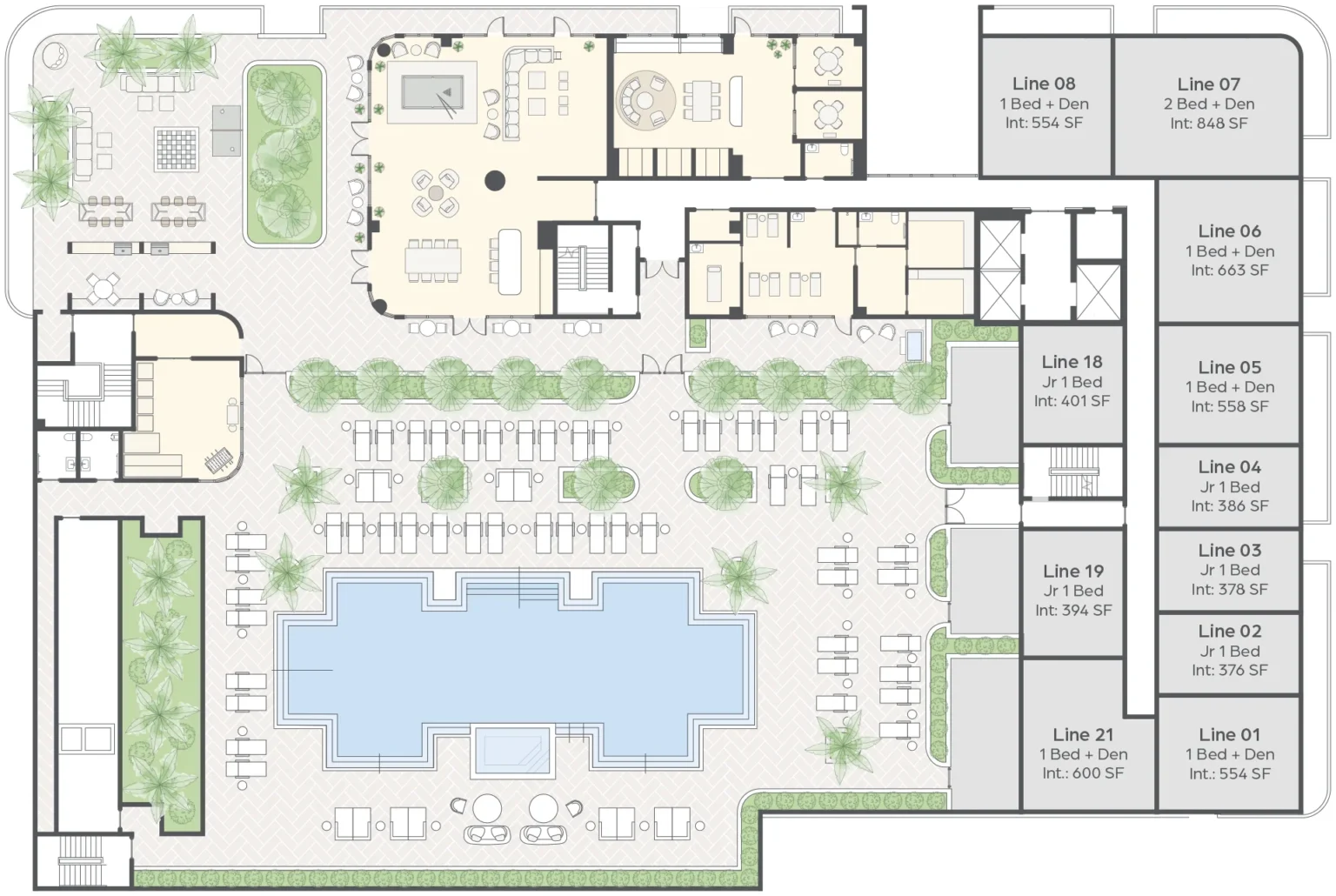 Amenity Deck (Level 5) floor plan: resort-style pool, spa, club room, summer kitchens and more
