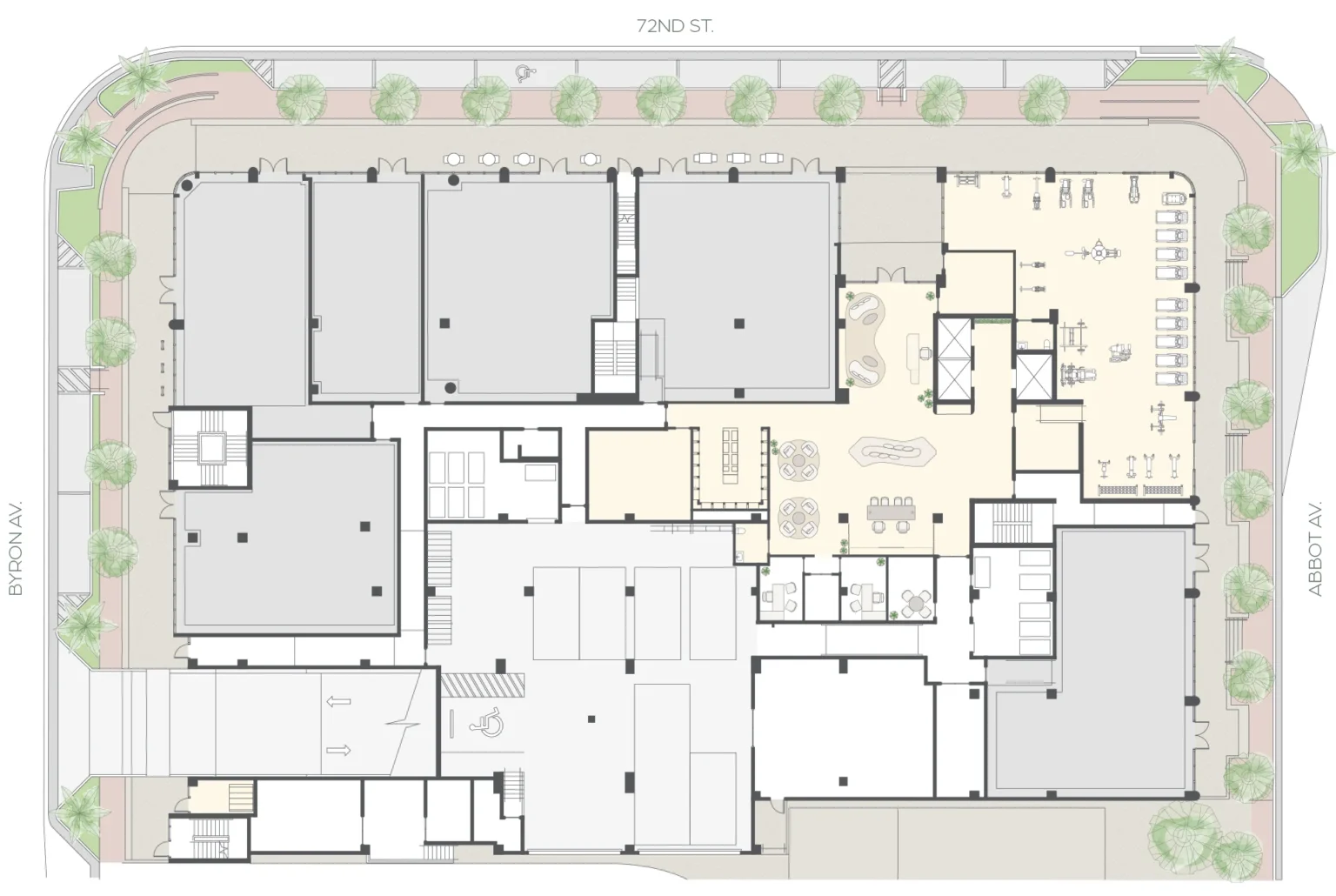 Ground level floor plan: lobby, fitness center, mail room, package room, elevator lobby and retail spaces