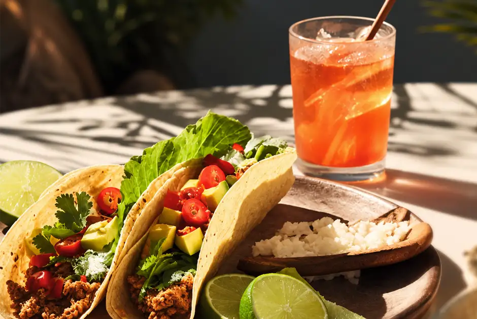 Tacos and a cocktail served at a table