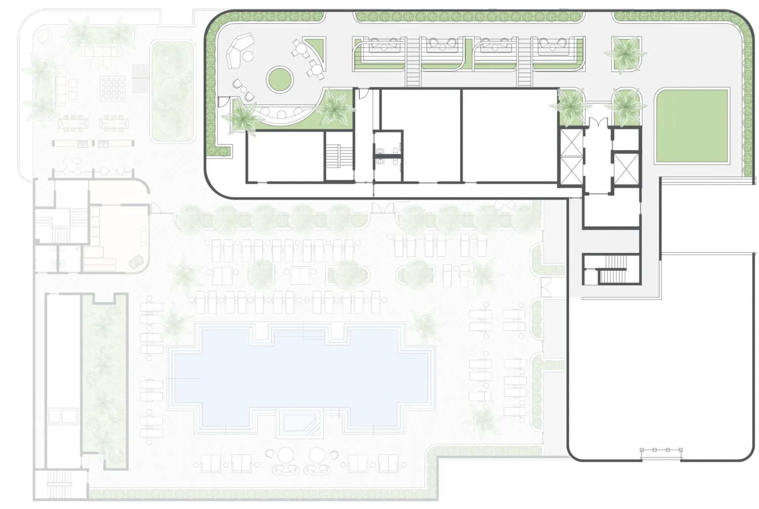 Rooftop Deck (Level 15) floor plan: sunset deck, cabanas, sunrise yoga deck and zen relaxation area